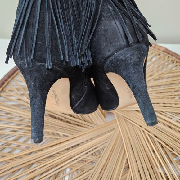 Sam Edelman Kandice Suede Fringe Ankle Bootie Pumps 7.5 Black Boots Heels - Picture 6 of 11